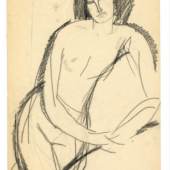 Amedeo Modigliani Femme nue s’appuyant sur l’avant-bras gaucheCirca 1910Pencil on wove paperWith Dr. Paul Alexandre stamp, and the number 8643 x 26.7 cm PHOTO COURTESY AGNEWS WORKS ON PAPER, BRUSSELS.