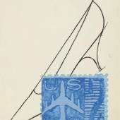 Andy Warhol Blue US Airmail Stamp & Shoe, 1962 7.5" x 5.625" Acrylic & Ink on Paper