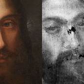 Detail des Christusgesichtes, sichtbares Licht und Röntgenaufnahme: die Verluste in der originalen Malschicht sind als dunkle Bereiche zu erkennen.