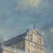 Ausschnitt aus einem Aquarell Wolfgang Lettls Er zeigt den linken Turm und Giebel des Augsburger Rathauses.