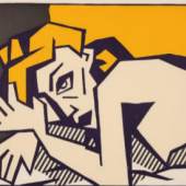 Galerie Boisserée (Cologne): Roy Lichtenstein, Sies + Höke (Düsseldorf): Talia Chetrit, Logo, 1996/2017, Reclining Nude,1980, colour woodcut with pre-printed Inkjet print, 4 + 2AP, 58 x 81 cm. Sies + Höke print, 88.6x102.1 cm. Courtesy Bernheimer Galerie Boisserée