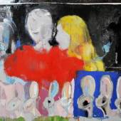 Aurora Kalemi, The kiss, 2016, Oil, Spray-paint, aluminum on canvas, 100 x 140 cm. Courtesy of Tirana Art Lab – Center for Contemporary Art, Tirana, Albania