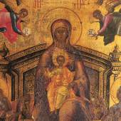 Ausschnitt aus der Ikone „Muttergottes vom Kiewer Höhlenkloster“ mit thronender Maria, die Jesus auf ihrem Schoß hält.
