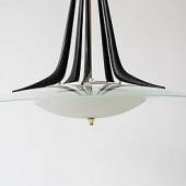 Galerie Anne Autegarden  important chandelier with large glass cup , structure in black metal and brass Max Ingrand , manufactured by Fontana Arte Italy circa 1955-60 