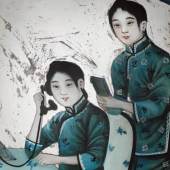Hinterglasmalerei, Die Telefonistinnen, China, Ende 1920er Jahre (Ausschnitt)