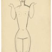 Amedeo Modigliani, Femme nue de face, les avant-bras levés, 1911–12,  Bleistift auf Velin, 42,9 × 27 cm 
