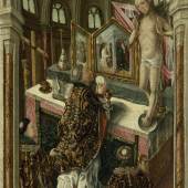 Pedro Bello (tätig in Kastilien zw. 1494 und 1503) zugeschrieben Messe des Heiligen Gregor Tempera auf Holz 81 x 50 cm Angeboten von Galerie Dr. Riedl, München