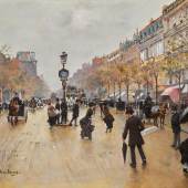 Jean Béraud, Scène de Grands Boulevards un jour de pluie. Estimate $300,000–500,000. To be offered in Sotheby’s European Art sale on 24 May in New York.