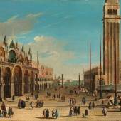 Bernardo Bellotto, genannt "Canaletto", 1721 Venedig "" 1780, zug. Warschau VEDUTE DER PIAZZA SAN MARCO IN VENEDIG MIT DOGENPALAST UND CAMPANILE Öl auf Leinwand. Doubliert. 52,5 x 68 cm. Schätzpreis:	200.000 - 400.000 EUR