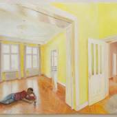 Billy Coulthurst, „James Dean and Mickey Mouse in yellow apartment“, oil on linen, 115 x 150 cm, 2023