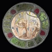 Rundscheibe mit Darstellungen der Hl. Maria Magdalena und eventuell dem Hl. Pirmin oder dem Hl. Amandus von Maastricht. Grisaillemalerei und Malerei in Silbergelb. Äußerer Scheibenring im 20.Jh. erg., Bleimontierung. D. 30 cm (6211211)