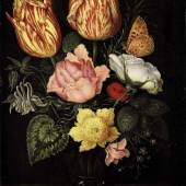 Lot 37 The Property of a Lady AMBROSIUS BOSSCHAERT THE ELDER (Antwerp 1573 - 1621 The Hague) Still life of tulips, wild roses, cyclamen, yellow ranunculus, forget-me-not and other flowers, in a glass beaker signed in monogram lower right oil on copper 19.4 x 12.9 cm.; 7¾ x 5 in. Est. £800,000-1,200,000 / €900,000-1,350,000 / $985,000-1,480,000