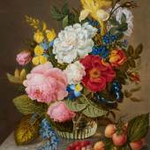 Adelheid Friedericke Braun Rosen, Iris, Vergissmeinnicht, Hornveilchen und weitere Blumen in einer Glasvase Öl auf Holz, 37,5 x 31 cm Schätzpreis: € 4.000 – 6.000,-