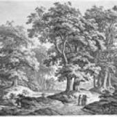 C. W. Kolbe, Kat.-Nr. 37 - Landschaft mit Gruppe hoher Eichen, vorn zwei Männer und eine Frau im Gespräch