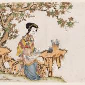 Unbekannt, Chinesisch, Eine Zeichnerin unter einem Baum, Suzhou, um 1650–80 Farbholzschnitt, teils handkoloriert, aus einem aufgelösten Klebeband © Kupferstich-Kabinett, SKD, Foto: Andreas Diesend 