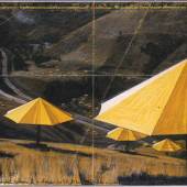 Christo, The Umbrellas, Joint Project for Japan and USA, 1989, Collage in two parts: Pencil, charcoal, wax crayon, pastel, photograph by Wolfgang Volz, enamel paint and topographic map