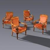 Four armchairs Maplewood veneer with inlay of speckled maple and amaranth mouldings. Carved croziered armrests France, Charles X period H 104.5 x W 68 x D 58 cm. Aussteller: Le Couvent des Ursulines