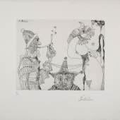 Pablo Picasso, Opiumträume, 1968 Raucher im päpstlichen Gewand bei der Entdeckung des Geheimnisses der Dreifaltigkeit im Busen und der Taube einer Frau, im Hintergrund ein Narr mit dreieckigem Hut, Radierung 