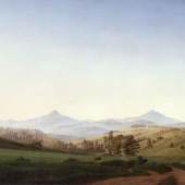 Caspar David Friedrich, Böhmische Landschaft mit dem Milleschauer, 1808 Öl auf Leinwand, 70 x 104 cm  © Albertinum | GNM, Staatliche Kunstsammlungen Dresden, Foto: Elke Estel/Hans-Peter Klut