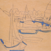 Ernst Ludwig Kirchner, Hafen Burgstaaken auf Fehmarn (Schiffe), 1912Schwarze Kreide und Aquarell, 33 x 43,6 cm 