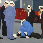 Walter Navratil, Tod auf der Straße, 1972, aus dem Zyklus „Al Capone“, Tempera auf Leinwand, Museum der Moderne Salzburg