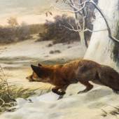 DEIKER, CARL-FRIEDRICH (Wetzlar 1836-1892 Düsseldorf), "Schnürender Fuchs am verschneiten Ufer eines Waldweihers"