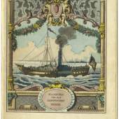 Hamburg und das Dampfschiff Phönix, Titelblatt eines Schulheftes, um 1850. Seit 1829 bestand eine regelmäßige Dampfschiffverbindung zwischen Hamburg und Harburg.
