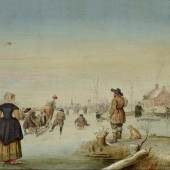 David Koetser Gallery Hendrick Avercamp (1585-1663) workshop Figures skating on a frozen lake.  Oil on Panel, 21.3 x 30.3 cm. Signed with Monogram: 'HA' (lower center, on the wood) Panel ready for use by 1603.