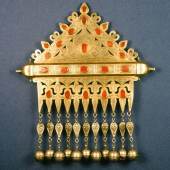 Amulettbehälter tumar, Silber, Teilvergoldung, Karneole Turkmenen, Anfang 20. Jahrhundert 