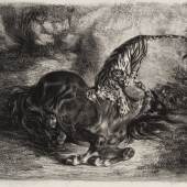 Eugène Delacroix (1798 - 1863) Wildes Pferd, von einem Tiger niedergestreckt, 1828 Lithographie, 220 x 280 mm © Sammlung Hegewisch in der Hamburger Kunsthalle Photo: Nicolai Stephan 