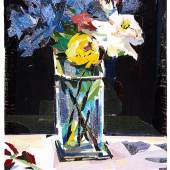 Tino Geiss: bouquet (rosen, tulpen, flieder), 2017, Acryl, Lack, Klebeband, Forex, 68 x 45 cm