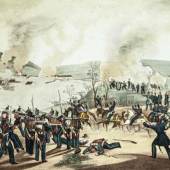 Die letzte Schlacht der Schweiz, Gisikon 1847. Die eidgenössische Infanterie rückt im Vordergrund heldenhaft vor, grün gekleidete Stabsoffiziere stehen im Mittelgrund, und eine Batterie feuert von dem Hügel hinten.