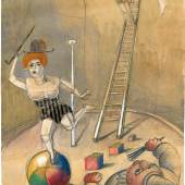  Otto Dix  „Zirkusscene“. 1923. Mischtechnik mit Collage auf Papier. 49,4 × 35,3 cm. EUR 200.000–300.000