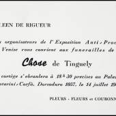 Einladungskarte zum Enterrement de la Chose de Tinguely, Venedig, 14. Juli 1960 © 2022 Museum Tinguely, Basel