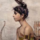 Elliott Fine Art, Lucie Attinger Neuchatel 1859 - Paris 1928 Profile study of a model dressed as a Native American c. 1890 Gouache on card 424 × 332 mm. (16 ¾ × 13 ⅛ in.) L. Attinger 