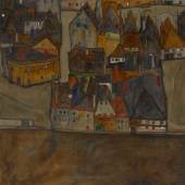 Egon Schiele Dämmernde Stadt (Die Kleine Stadt II) (City in Twilight (The Small City II)) Signed Egon Schiele and dated 1913 (center left) Oil and black crayon on canvas 35 5/8 by 35 1/2 in. 90.5 by 90.1 cm Painted in 1913. Estimate $12/18 million