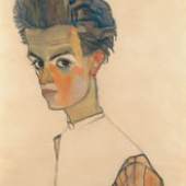 EGON SCHIELE Selbstbildnis mit gestreiftem Hemd, 1910 Self- Portrait with Striped Shirt Schwarze Kreide und Gouache auf Papier Black chalk and gouache on paper 44,3 x 30,5 cm Inv.Nr. 1458
