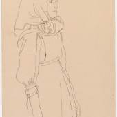 Egon Schiele (Tulln 1890–1918 Wien) Stehendes Bauernmädchen mit Kopftuch, signiert und datiert EGON SCHIELE 1915, auf der Rückseite Nachlassstempel und Egon-Schiele-Archiv-Stempel, Bleistift auf Papier, 46 x 29,4 cm, erzielter Preis € 203.000