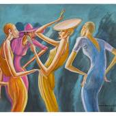 Ernie Barnes, Four Ladies with Gold Hat, 1998, Acrylic on paper, Estimate: $25,000 - 35,000