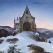 Ernst Ferdinand Oehme (Dresden 1797 – 1855)  Bergkapelle im Winter | Öl auf Leinwand  Ca. 78 x 110 cm | Signiert und datiert unten rechts: E. Oehme 1842