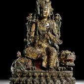 Exzellente Bronze der Guanyin auf einem Löwen, China, Ming-Dynastie, 15./16. Jahrhundert, 64 cm, 90.000 € - 120.000 €, aus einer alten deutschen Diplomatensammlung, in den 1920er Jahren in Peking erworben