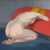 FÉLIX VALLOTTON Femme nue agenouillée devant un canapé rouge. 1915. CHF 500 000 / 700 000