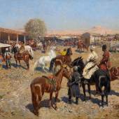 Franz Roubaud (1856 – 1928) Pferdemarkt Öl auf Leinwand 85,5 x 150cm