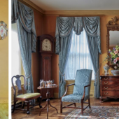From left to right: William Merritt Chase, In the Studio, 1892; An Exceptionally Rare and Important Pair of Chinese Export Famille-Rose ‘Torchbearer’ Wall Sconces, circa 1740; An Important Chippendale Carved and Figured Mahogany Serpentine-Front and Side Dressing Chest Of Drawers, Circa 1785