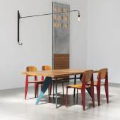 Galerie Patrick Seguin presents 'S.A.M. no. 506 table' (ca. 1951), 'Metropole no. 305 chairs' (ca. 1950), 'Panel with portholes' (1950) and 'Swing-jib lamp no. 602' (1952) by Jean Prouve. Image courtesy of Galerie Patrick Seguin.