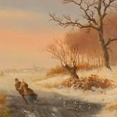 Gemälde "Schlittschuhlaufen im Winter" des niederländischen Landschafts- und Interieurmalers Marinus Adrianus Koekkoek aus dem 19. Jh. dar.