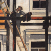 Gerald Marks (1921- 2018), London; Bayswater Scaffolding II, Oil on canvas, Signed. c.1955, Provenance: Artist’s Estate. 48 x 36 inches. Courtesy of Abbott and Holder