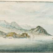 Charles Gore 1729 - 1807 Isola Bella on Lake Maggiore, Italy 1795 Pen and grey ink and watercolour over pencil on laid paper watermarked with a fleur de lys, with a pen and black in border 159 × 314 mm. (6 ¼ × 12 ⅜ in.) Signed lower right: "Lac Magiore Isola Bella vue du Cote du Sud en entrant dans la Bage venant de Seste. 1795 C Gor.", inscribed upper centre: "Lago Maggiore" and further inscribed lower left £ 3,000