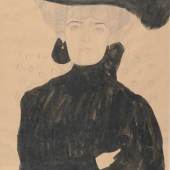 Gustav Klimt Halbbildnis einer Dame in Schwarz mit Federhut, 1907-08  Pinsel, Feder, Tusche, Bleistift, roter Farbstift  Albertina, Wien