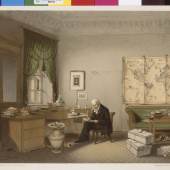 Alexander von Humboldt in seinem Arbeitszimmer in der Oranienburger Straße 67 in Berlin Lithografie aus dem Jahr 1856 nach einem Aquarell von Eduard Hildebrandt © bpk/ Kufperstichkabinett, SMB / Voker-H. Schneider
